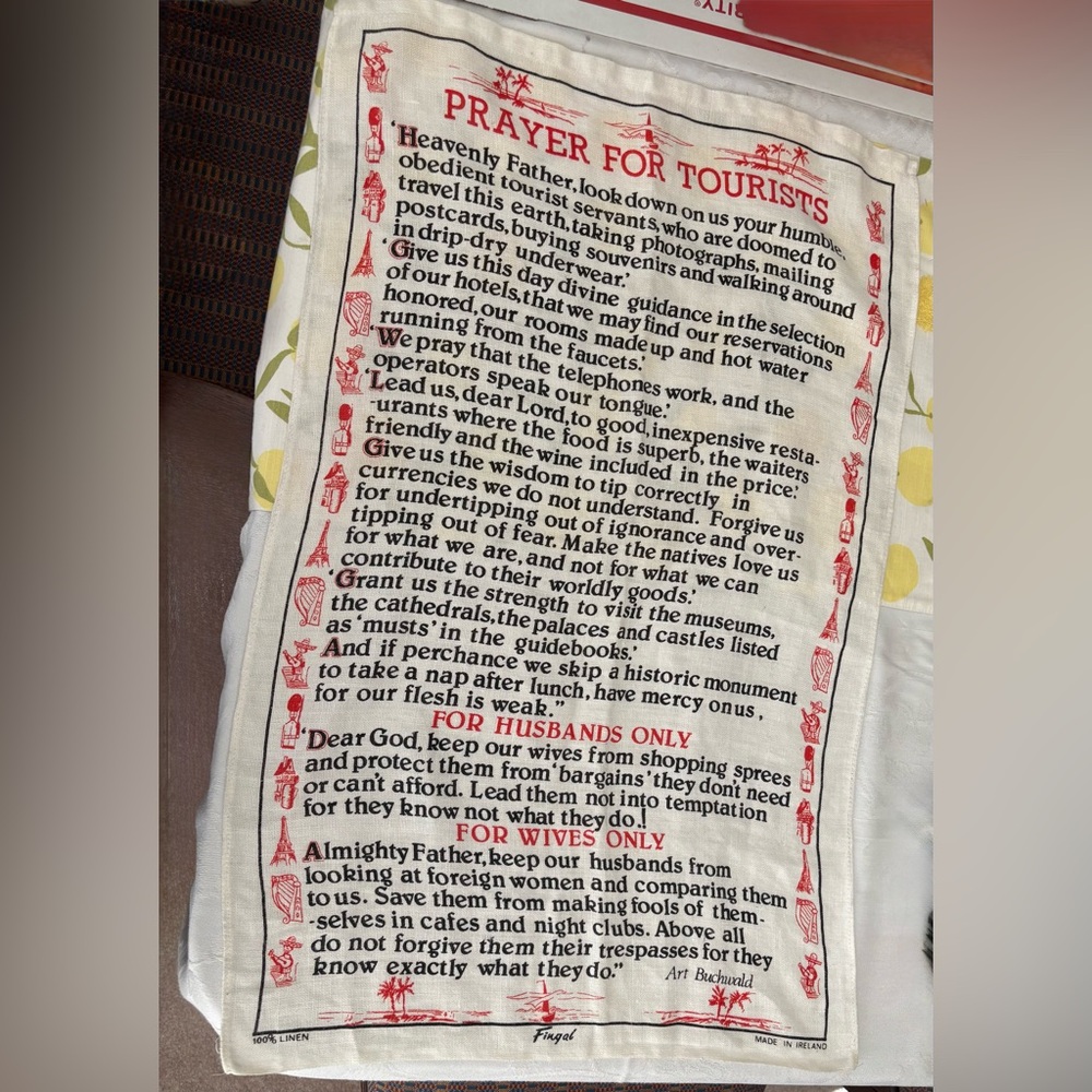 Travelers Prayer For Tourists Tea Towel VTG White Red Printed Ireland Funny